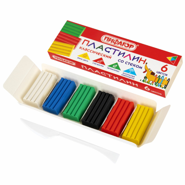 Пластилин классический ПИФАГОР "Веселая такса", 6 цветов, 90 г, СО СТЕКОМ, 106674 - Пластилин