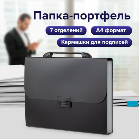 Папка-портфель пластиковая BRAUBERG "Energy" А4 (330х256х32 мм), 7 отделений, черная, 221204 - Портфели пластиковые