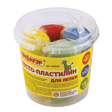 Пластилин на растительной основе (тесто для лепки) ПИФАГОР, 4 цвета, 240 г, пластиковый стакан, 104543 - Пластилин