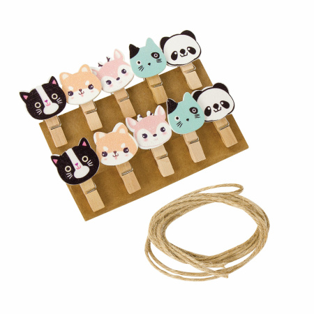 Прищепки декоративные "Забавные животные", 10 штук, 3,5 см, ассорти, со шпагатом, ОСТРОВ СОКРОВИЩ, 662672 - Прищепки для творчества