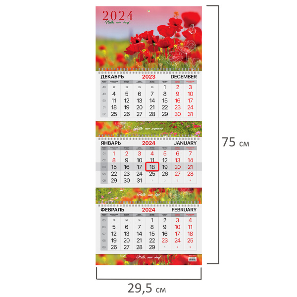 Календарь квартальный на 2024 г., 3 блока, 3 гребня, с бегунком, мелованная бумага, EXTRA, BRAUBERG, "Маки", 115299 - Календари настенные
