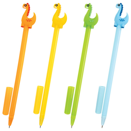 Ручка с топпером шариковая ЮНЛАНДИЯ "Динозаврик", корпус ассорти, СИНЯЯ, пишущий узел 0,7 мм, 143809 - Ручки фигурные