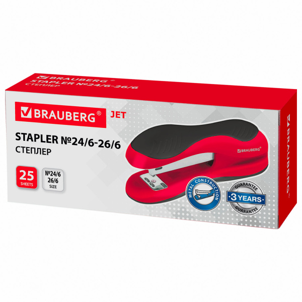 Степлер №24/6, 26/6 BRAUBERG "JET", до 25 листов, эргономичный, красно-черный, 229688 - Степлеры настольные