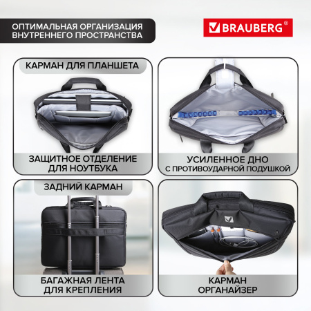 Сумка-портфель BRAUBERG с отделением для ноутбука 15-16", "Patrol", противоударная, черная, 41х29х6 см, 240504 - Сумки деловые с отделением для ноутбука и планшета