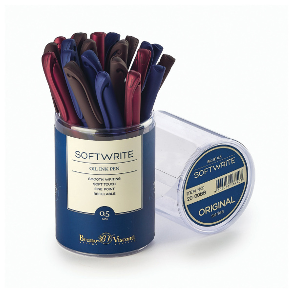 Ручка шариковая масляная BRUNO VISCONTI "SoftWrite", СИНЯЯ, корпус ассорти, узел 0,5 мм, линия письма 0,3 мм, 20-0088, 3 шт. - Ручки шариковые неавтоматические