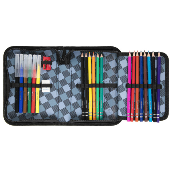 Пенал BRAUBERG с наполнением, 1 отделение, 1 откидная планка, 24 предмета, 21х14 см, "Fast car", 270724 - Пеналы с наполнением