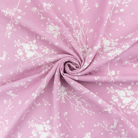 Ткань для рукоделия - лен, цветы на розово-сиреневом 33*65 см, плотность 220 г/м2 (Корея)