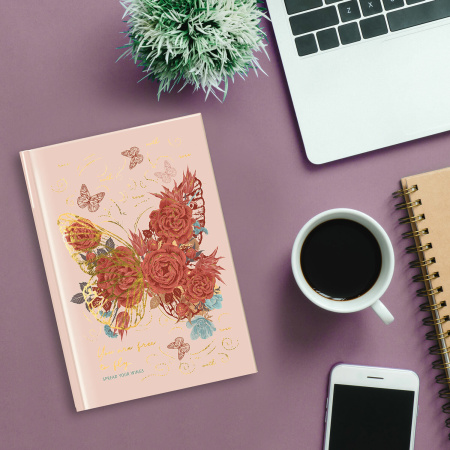 Ежедневник недатированный А5 (145х215 мм), ламинированная обложка с фольгой, 128 л., STAFF, "Butterfly", 113524 - Ежедневники с твердой обложкой