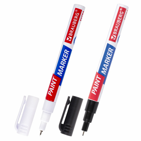 Маркер-краска лаковый EXTRA (paint marker) 1 мм, НАБОР 2 цвета, БЕЛЫЙ/ЧЕРНЫЙ, УСИЛЕННАЯ НИТРО-ОСНОВА, BRAUBERG, 151990 - Маркеры-краски лаковые