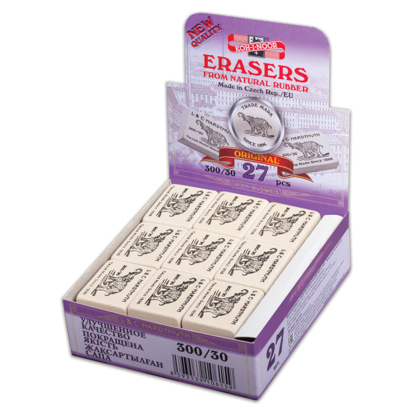 Ластик KOH-I-NOOR "Слон" 300/30, 35,5х28,5х10 мм, белый, прямоугольный, натуральный каучук, 0300030029KDRU - Ластики классические