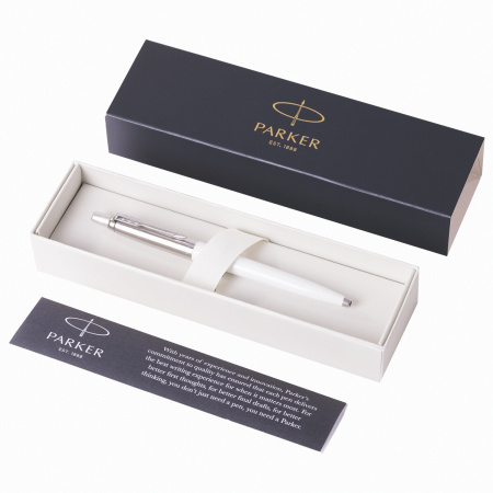Ручка шариковая PARKER "Jotter Plastic CT", корпус белый, детали из нержавеющей стали, синяя, R0032930 - Ручки шариковые подарочные