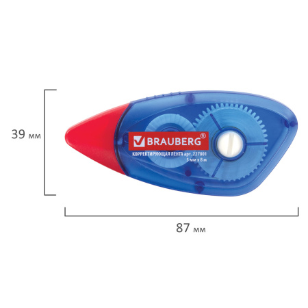 Корректирующая лента BRAUBERG 5 мм х 8 м, корпус синий, механизм перемотки, блистер, 227801 - Корректирующие ленты