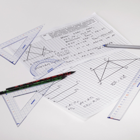 Набор чертежный большой ЮНЛАНДИЯ "ШКОЛЬНЫЙ" (линейка 30 см, 2 угольника, транспортир), пенал, 210738 - Наборы чертежные