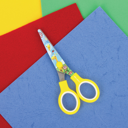 Ножницы BRAUBERG "Kid Series", 130 мм, жёлтые, с цветной печатью "Жирафы", закругленные, 232269 - Ножницы детские