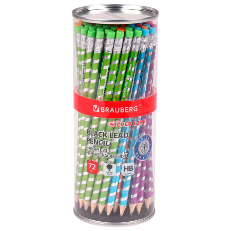 Карандаш чернографитный BRAUBERG "SILVER LINE", 1 шт., HB, с ластиком, корпус ассорти, 181749 - Карандаши чернографитные