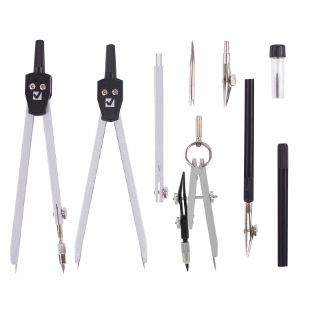 Готовальня BRAUBERG "Architect", 9 предметов: циркуль + измер + кронциркуль, рейсфедер + держатель, 2 вставки, удлинитель, грифель, 210353 - Циркули и готовальни