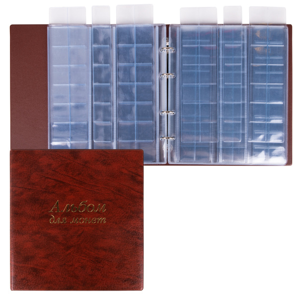 Альбом нумизмата для 380 монет (диаметр до 38 мм) и купюр, 253х238 мм, коричневый, ОСТРОВ СОКРОВИЩ, 237961 - Альбомы для монет и купюр