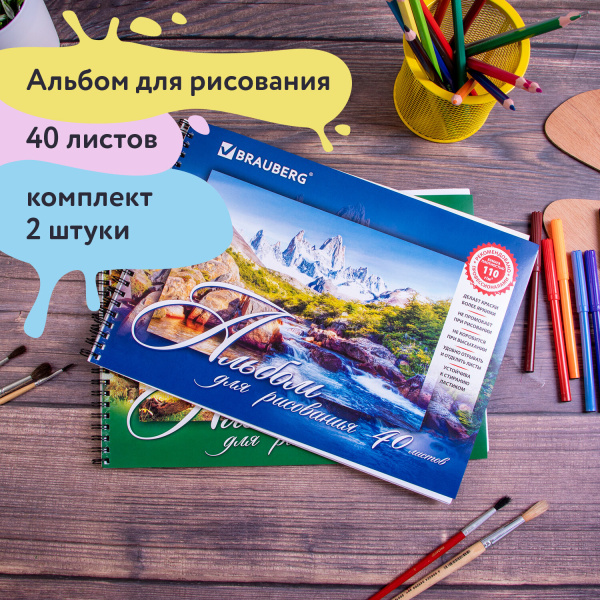 Альбомы для рисования А4 40 л., КОМПЛЕКТ 2 шт., гребень, обложка картон, BRAUBERG, 205х290 мм, "Природа" (2 вида), 880031 - Альбомы и папки для рисования