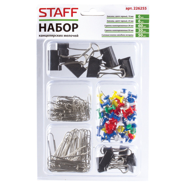 Набор STAFF "Profit", зажимы 19 и 25 мм по 6 шт., скрепки 28 мм/60 шт., 50 мм/30 шт., кнопки-гвоздики 50 шт., блистер, 226255 - Наборы канцелярских мелочей