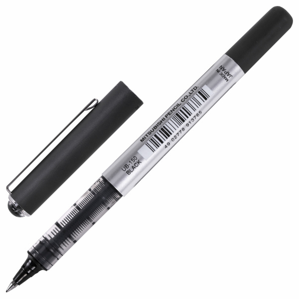 Ручка-роллер Uni-Ball Eye, ЧЕРНАЯ, корпус серебро, узел 0,5 мм, линия 0,3 мм, UB-150 BLACK - Ручки-роллеры