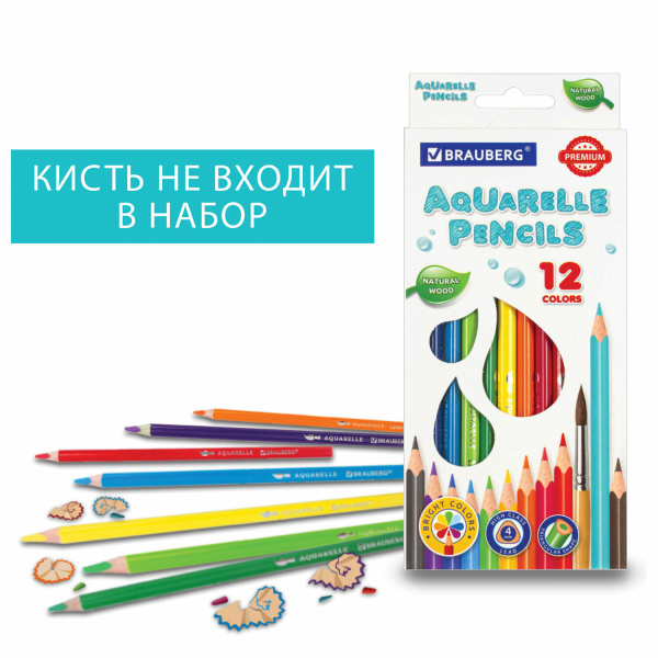 Карандаши цветные акварельные BRAUBERG PREMIUM AQUARELLE, 12 цветов, грифель мягкий 4 мм, 181671 - Карандаши цветные акварельные