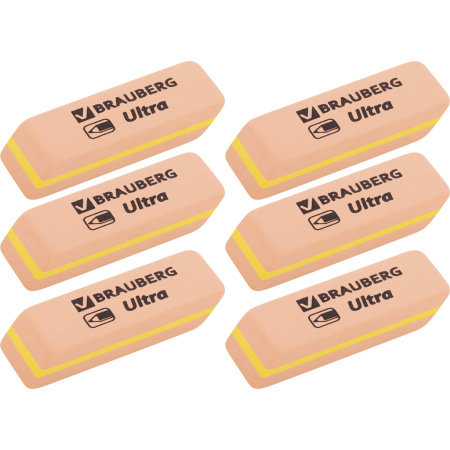 Ластики BRAUBERG "Ultra" НАБОР 6 шт., размер ластика 41х14х8 мм, оранжевые, натуральный каучук, 229601 - Ластики классические