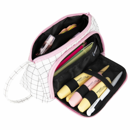 Пенал-косметичка BRAUBERG с ручкой, 1 откидная планка, полиэстер, 22x10х8 см, "Checkered white", 271558 - Пеналы мягкие