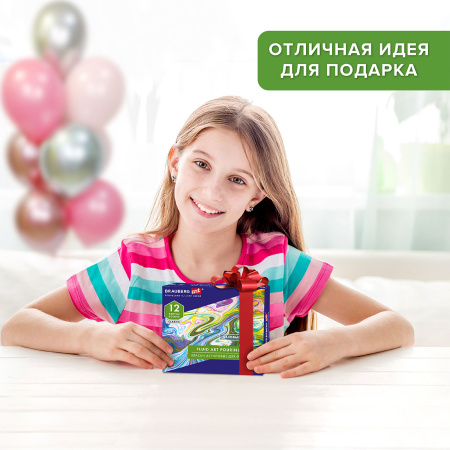 Краски акриловые для техники "Флюид Арт" (POURING PAINT), НАБОР 12 цветов по 22 мл, BRAUBERG ART CLASSIC, 192235 - Акриловые краски художественные в наборах