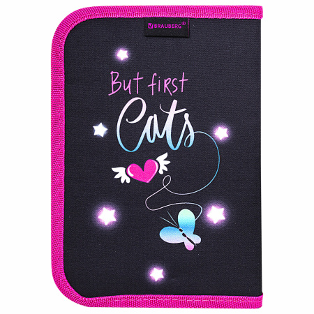 Пенал BRAUBERG с наполнением, 1 отделение, 1 откидная планка, 24 предмета, 21х14 см, "Cats first", 271525 - Пеналы с наполнением