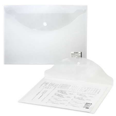 Папка-конверт с кнопкой STAFF, А4, до 100 листов, прозрачная, 0,12 мм, 225173 - Папки-конверты с кнопкой