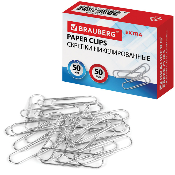 Скрепки большие EXTRA BRAUBERG 50 мм никелированные 50 штук, 271314 - Скрепки канцелярские