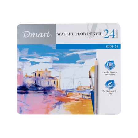 Набор акварельных карандашей Dmast 24 цвета в металлическом пенале