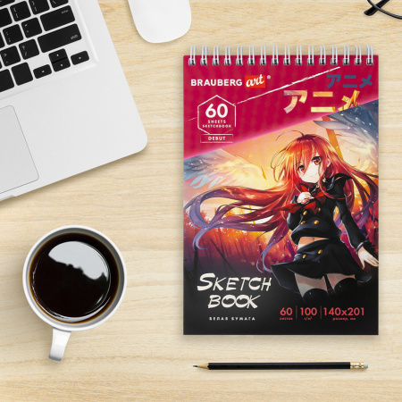 Скетчбук, белая бумага 100 г/м2, 140х201 мм, 60 л., гребень, жёсткая подложка, BRAUBERG ART, "Аниме", 115061 - Альбомы, скетчбуки и бумага для графики и эскизов