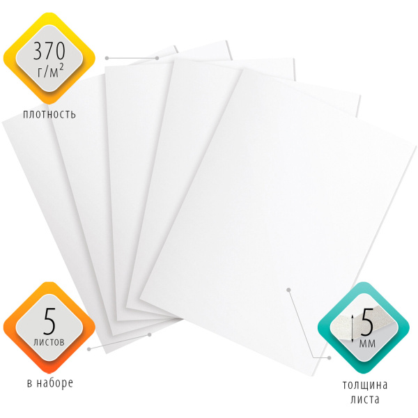 Пенокартон матовый, 70х100 см, толщина 5 мм, белый, КОМПЛЕКТ 5 листов, BRAUBERG, 112475 - Пенокартон