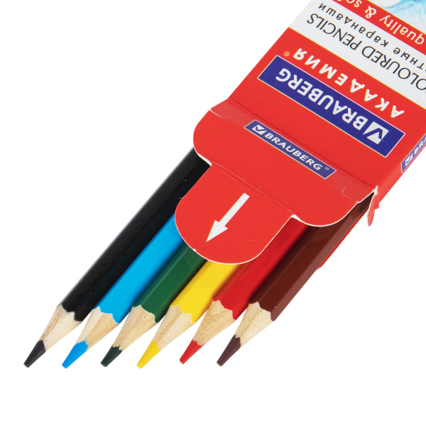 Карандаши цветные мягкие BRAUBERG АКАДЕМИЯ, 6 цветов, шестигранные, грифель 3 мм, 181863 - Карандаши цветные