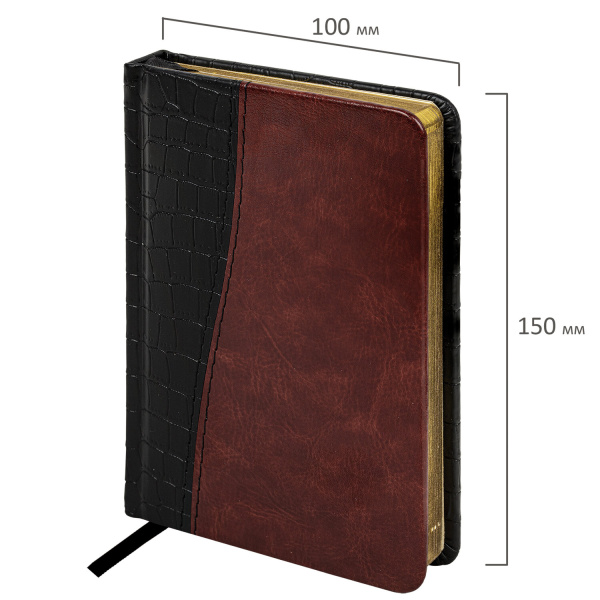 Ежедневник недатированный МАЛЫЙ ФОРМАТ (100х150 мм) А6, BRAUBERG "Cayman", комбинир. кожа, 160 л, крем.блок, зол.срез, чер/т-корич, 125102 - Ежедневники с покрытием "под кожу и ткань"