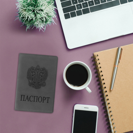 Обложка для паспорта STAFF, мягкий полиуретан, "ГЕРБ", светло-серая, 237610 - Обложки для паспорта