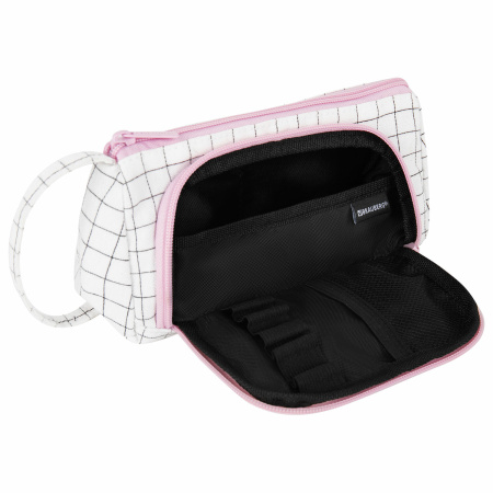 Пенал-косметичка BRAUBERG с ручкой, 1 откидная планка, полиэстер, 22x10х8 см, "Checkered white", 271558 - Пеналы мягкие