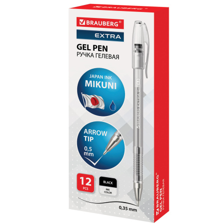 Ручка гелевая BRAUBERG "EXTRA", ЧЕРНАЯ, корпус прозрачный, узел 0,5 мм, линия 0,35 мм, 143900 - Ручки гелевые неавтоматические