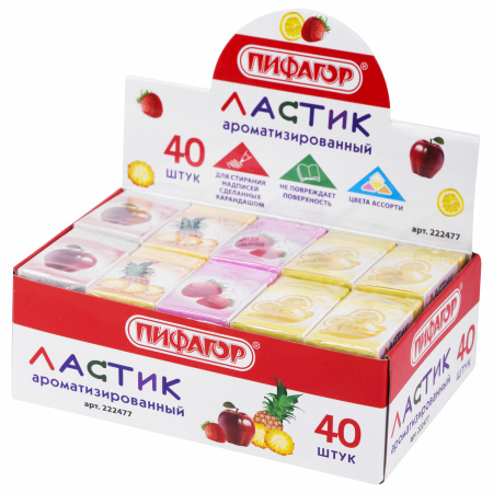 Ластик ПИФАГОР "Фрукты", 35х21х9 мм, ароматизированный, ассорти, картонный держатель, 222477 - Ластики классические