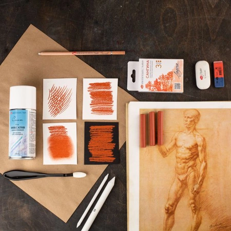 Набор сухих художественных графических материалов "Ладога": сангина 3 мелка - Мел, графит, сепия, сангина, соус, уголь художественные