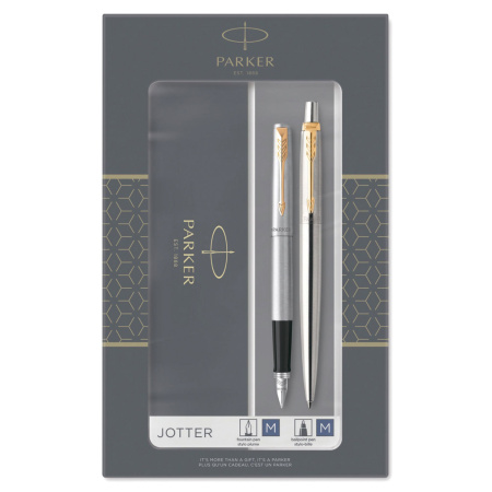 Набор PARKER "Jotter Stainless Steel GT": шариковая ручка синяя и перьевая ручка, 2093257 - Подарочные ручки в наборах