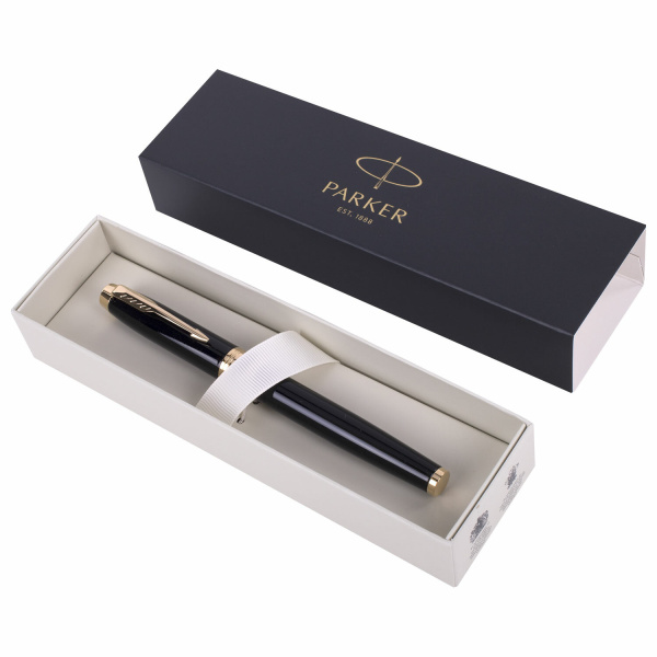 Ручка перьевая PARKER "IM Core Black Lacquer GT", черный глянцевый лак, позолота, синяя, 1931645 - Ручки перьевые подарочные