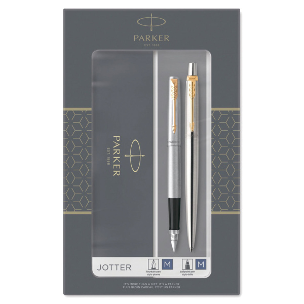 Набор PARKER "Jotter Stainless Steel GT": шариковая ручка синяя и перьевая ручка, 2093257 - Подарочные ручки в наборах