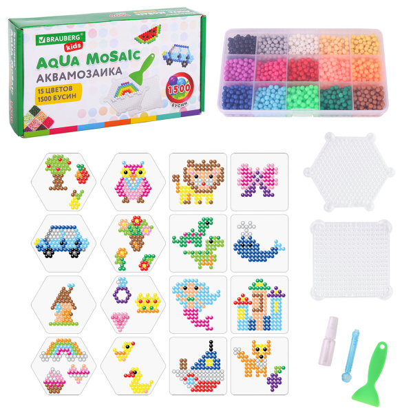 Аквамозаика 15 цветов, 1500 бусин, с трафаретами и инструментами, BRAUBERG KIDS, 664913 - Аквамозайка
