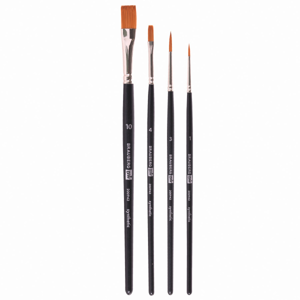 Кисти художественные BRAUBERG ART, набор 4 штуки, синтетика, (круглые № 1, 3, плоские № 4, 10), 200943 - Кисти художественные в наборах