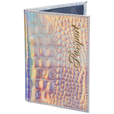 Обложка для паспорта натуральная кожа кайман, "PASSPORT", серебристая, STAFF "Profit", 237206 - Обложки для паспорта