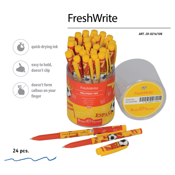 Ручка шариковая BRUNO VISCONTI FreshWrite, СИНЯЯ, "Футбол. Чемпионы. Испания", линия письма 0,5 мм, 20-0214/106 - Ручки шариковые неавтоматические