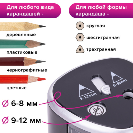 Точилка электрическая BRAUBERG DUAL (для 2 диаметров карандашей!), 4 батарейки АА, черная, 270581 - Точилки электрические