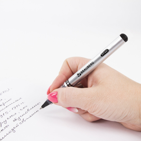 Ручка-роллер BRAUBERG "Flagman", ЧЕРНАЯ, корпус серебристый, хромированные детали, узел 0,5 мм, линия письма 0,3 мм, 141555 - Ручки-роллеры